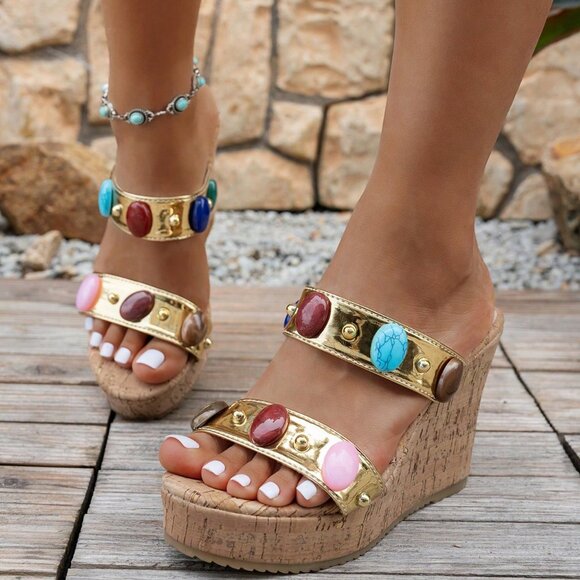 Shoes - Gold Bohemian Women's Criss-Cross beaqded detailed Wedge Sandals